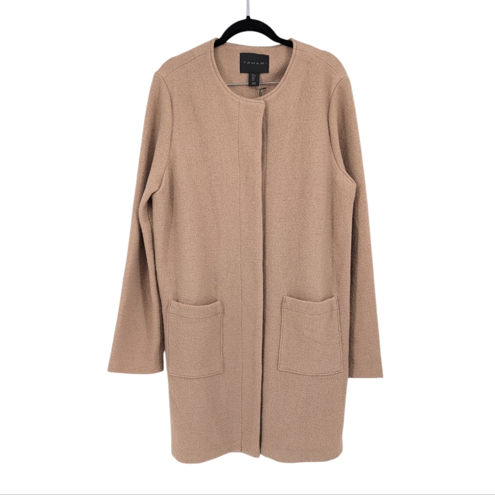 NWT Tahari Wool Blend Open Front Snap Button Down Coat Tan Size Large